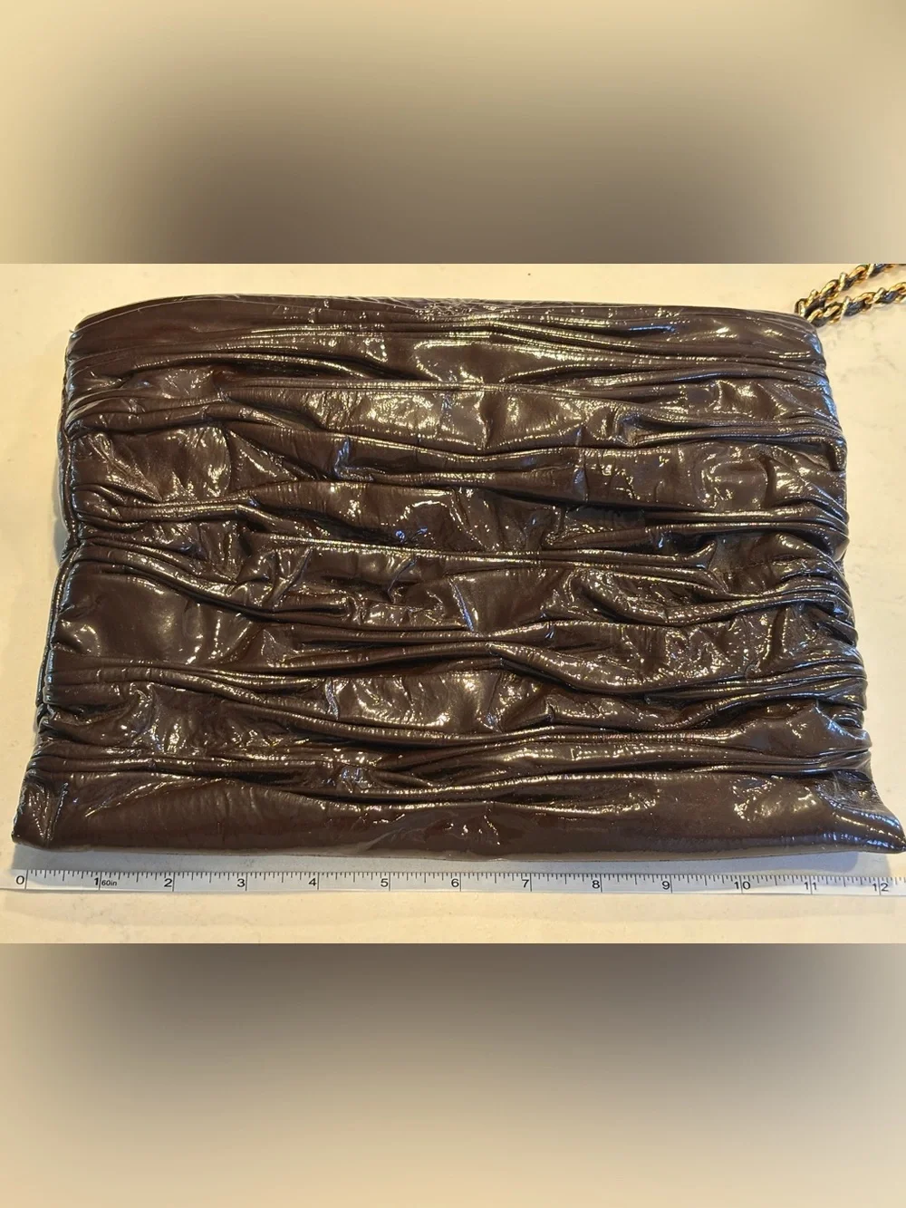Onna Ehrlich Glossy Ruched Patent Brown Clutch Wristlet